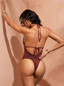 Hauture Women's Sexy Vacay Deep Neckline With Starfish Metal Decor Brown & Gold Contrast Binding Tankini For Summer Beach Vacation - Brown - View 2