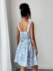 Selianne Váy dễ thương mùa hè họa tiết hoa cổ trái tim gà màu trơn, chắp vá, nhún bèo ở eo theo phong cách Ý - Màu xanh lam - Xem 4