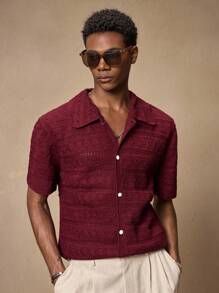 AKNOTIC Party Men's Loose Knit Cardigan, Open Front Design, Suitable For Casual Everyday Wear In Summer - Burgundy - View 2