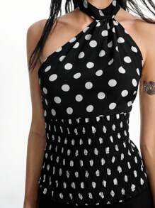 LYSMO 女士时尚波尔卡圆点印花露背吊带上衣，夏季 - 黑與白 - 查看 7