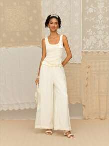 SHEIN MOD Women's Apricot Loose Wide Leg Casual Pants With Mesh Panels - Apricot - View 1