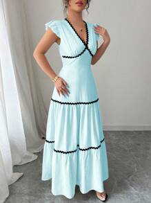 Rafferiza Delicate V-Neck Ruffled Cap Sleeve Wave-Edged Ribbon Accent Contrast Color Woven Textured Fabric Spring/Summer Dress For Women - Baby Blue - View 5