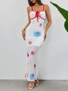 Chiquease 女式撞色饰边细肩带系腰网眼拼接紧身连衣裙 - 彩色 - 查看 1