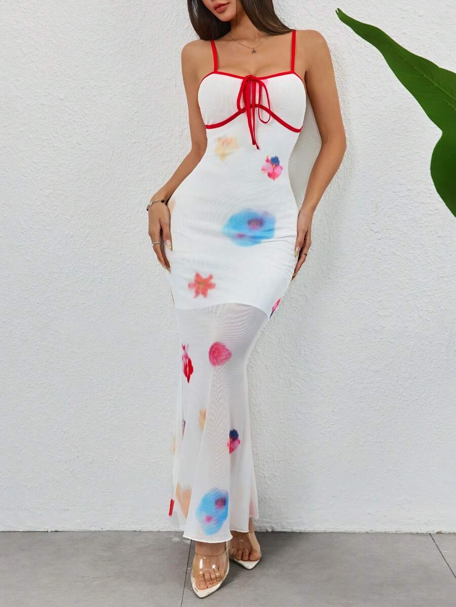 Chiquease 女式撞色饰边细肩带系腰网眼拼接紧身连衣裙 - 彩色 - 查看 1