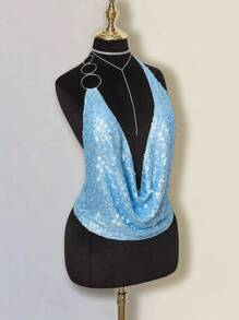 SHEIN ICON 女士性感音乐节度假闪亮亮片透视露背吊带背心，春夏 - 藍色 - 查看 10