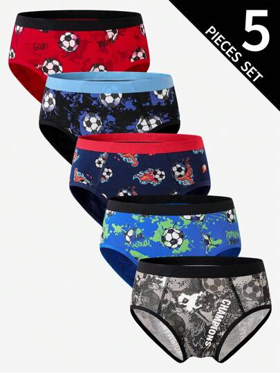 5 件/包青少年男孩多色印花三角内裤，四季皆宜，棉质面料内衣，返校时尚