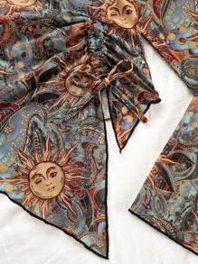 Soleia Blusa larga de manga abullonada con estampado floral bohemio, cordón y bajo asimétrico, adecuada para fiesta, cita, festival de música, té de la tarde, como interior o exterior