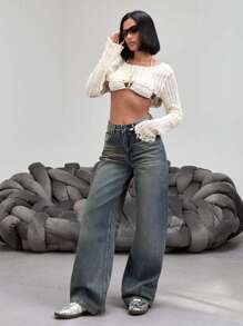 HIGH WAIST WIDELEG VINTAGE WASH JEAN Women S Clothes Women S Bottoms - Medium Wash - View 6
