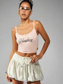 Missguided x Playboy Retro Style Crop Tank Top Button Front Cami Aesthetic Y2K Summer Festival Basic Lounge Streetwear Sleepwear Top - Pink - View 6