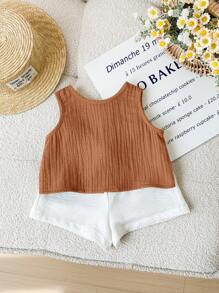 SHEIN LMoss Kids 夏季可爱棕色蝴蝶结后背休闲背心，适合女宝宝 - 棕色 - 查看 2