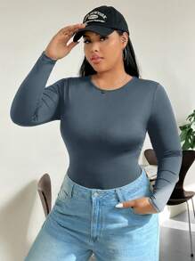SHEIN EZwear Plus Size Women Solid Color Round Neck Long Sleeve Casual Bodysuit Bodysuits For Women Long Sleeve Women Bodysuit
