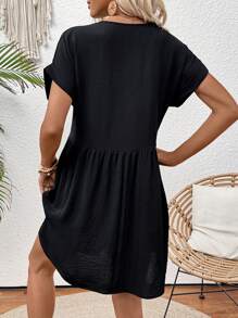 SHEIN LUNE Women's Solid V-Neck Batwing Sleeve Casual Pocket Summer Dress - Black - View 2