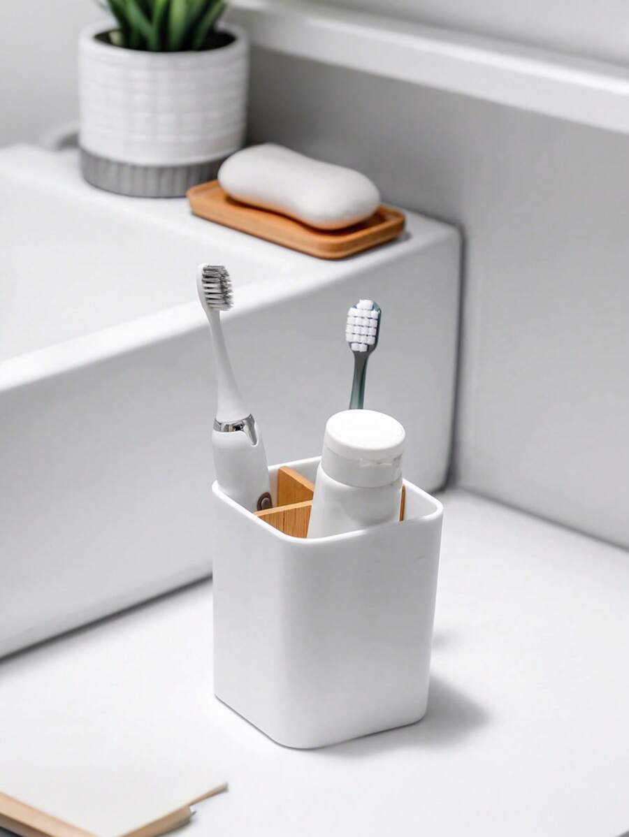 Bamboo Toothbrush Holder For Bathrooms, 3 Slots Toothbrush And Toothpaste Holder Bathroom Counter Organizer For Electric Toothbrushes, Floss, Razors.Desk,Gaming Desk,L Shape Desk - Multicolor - View 1
