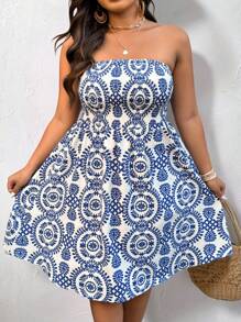 Breezaya Women's Early Spring Casual Floral Print Tube Top A-Line Dress - Blue and White - View 1