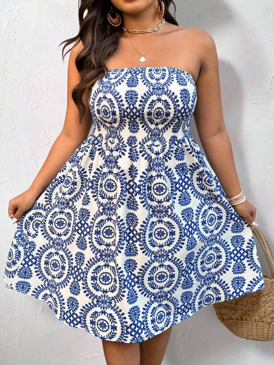 Breezaya Women's Early Spring Casual Floral Print Tube Top A-Line Dress - Blue and White - View 1