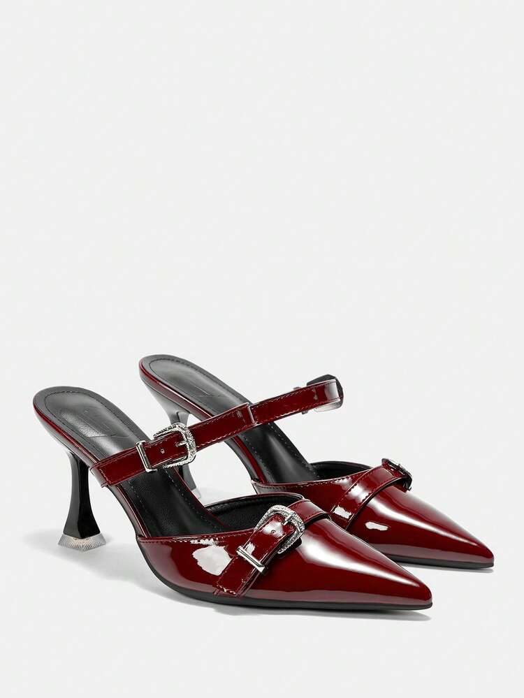 CUCCOO CURVES Plus Size Wide Width High Heel Pointed Toe Shoes 9CM Platform Elegant Sexy Burgundy Strap Buckle Decor, Daily, Work, Vacation, Summer Sandals