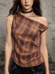 ROMWE Grunge Punk Áo sơ mi kẻ caro vai chéo xếp ly gợi cảm Y2K Retro dành cho nữ - Nhiều màu - Xem 7