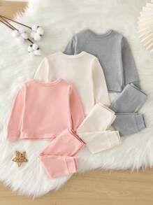 SHEIN 新生儿简约舒适针织拉绒高弹力拉绒圆领长袖睡衣套装（含裤子） - 彩色 - 查看 2