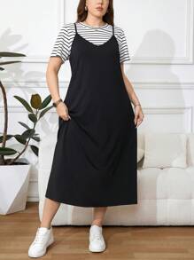 SHEIN LUNE Plus Size Women's Striped Round Neck Short Sleeve T-Shirt And Spaghetti Strap Dress 2 Piece Set, Summer Long Black Casual Dress Black Sundress Women Casual Sundress Fall Women Clothes School Clothes Stockholm Style Country Outfits Women Vintage Clothes Women Teacher Outfits For Women - Black and White - View 6