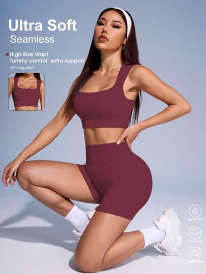 Easithlete Enfärgad ribbad sport-bh och shortsset för kvinnor Träningsset för kvinnor