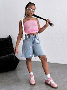 SHEIN Pantalones cortos vaqueros holgados de cintura alta con bordado de corazón lavado en azul claro, estilo Y2K para niña preadolescente; Pantalones cortos holgados de estilo boho para vacaciones de verano en la playa para niña preadolescente; Pantalones cortos casuales para conciertos de verano, festivales, brunch de verano, iglesia, graduación, vuelta al colegio para niña preadolescente - Lavado ligero - Ver 6