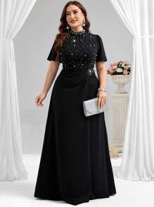 Coutiva Plus Size Women's Faux Pearl Decor Mandarin Collar Short Sleeve Elegant Formal Evening Gown (Embellished Design) Birthday Dresses For Women Sequin