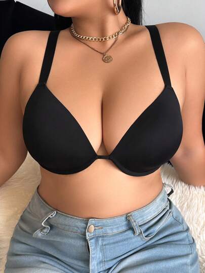 SHEIN 1pc Plus Size Women Solid Color Underwire Lowcut Bra, Black, Lift