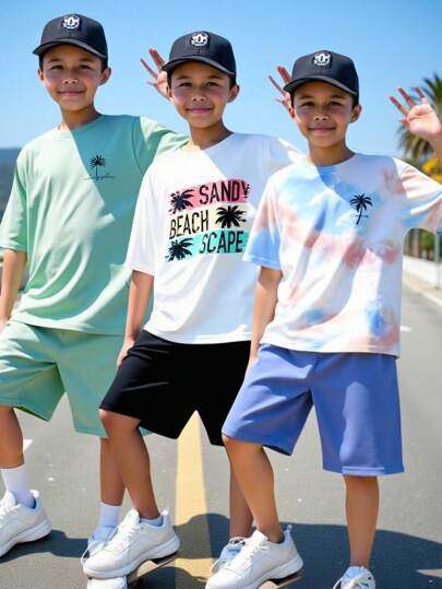 SHEIN 6pcs/Set Tween Boy Casual Loose Resort Tie-Dye Pattern Palm Tree Print Round Neck Knit Short Sleeve T-Shirt & Shorts Set, Suitable For Commuting, School, Daily Casual, Sports, Spring/Summer, Vacation