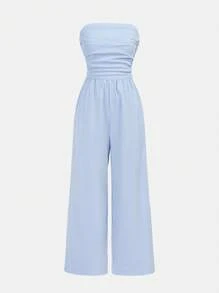 SHEIN Girlism 少女蓝色抹胸露背夏季休闲百褶条纹连体裤，休闲，优雅，假日