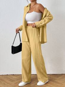 SHEIN PETITE 2 件套女式纯色长袖单排扣衬衫和裤子，休闲西装套装 - 黃色 - 查看 4