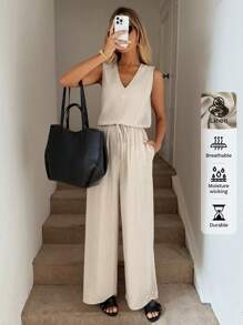 Easowa V-Neck Waist Tie Bow Decor Side Pockets Sleeveless Jumpsuit Wide Leg Pants, Casual Vacation Elegant Outfit For Women, Spring Summer Western Wear Women Business Casual Women Old Money Style Women Vacation Outfits Woman