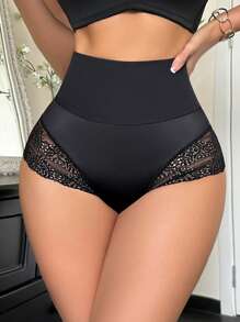 SHEIN 1pc Women Seamless High Waist Shaping Underwear, Lace Patchwork Tummy Control Panty