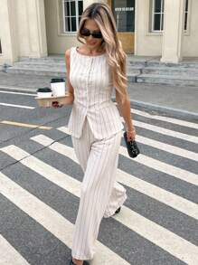 SHEIN Frenchy 2 Stücke Damen ärmellose gestreifte Camisole Outfit, geeignet für den Sommer - Aprikosenfarben - Übersicht 3