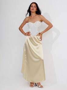 Roylia Women's Spring/Summer Fashion Satin & Contrast Lace Versatile All-Match Skirt - Champagne - View 4