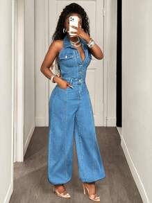 Slaydiva 新款女士牛仔背带裤和连体裤无袖露背前襟宽松袖口连体裤浅蓝色牛仔连体裤秋季服装街头出游 - 中等水洗藍 - 查看 3