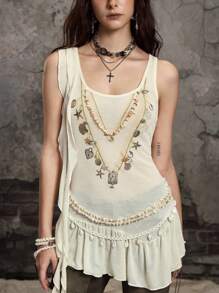 ROMWE Grunge Punk Asymmetrisches Rüschen-Perlendesign Metall Dekor Bodycon Cami Top im Hip Y2K Baddie Stil - Beige - Übersicht 9