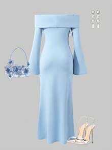 Elegant Ruffle Off-Shoulder Mermaid Hem Long Sleeve Dress For Teenage Girls - Blue - View 2