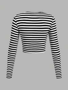 SHEIN EZwear 3 件套休闲纯色条纹修身短款长袖圆领 T 恤，大码女款，适合春秋季 - 彩色 - 查看 4