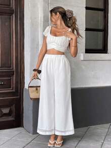 Chiquease 休闲松紧腰阔腿蕾丝边纯色裤，春夏