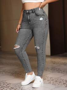 SHEIN EZwear 加大高腰破洞修身牛仔褲