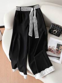 SHEIN Tween Girl Lace Trim Loose Casual Pants - Black - View 1