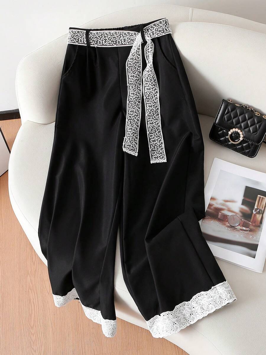 SHEIN Tween Girl Lace Trim Loose Casual Pants - Black - View 1