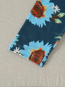 Set de 2 piezas con camiseta de manga corta con volantes y leggings con estampado de flores para bebé niña - Conjunto de ropa casual para bebé niña - Conjunto de ropa de bebé niña con girasol - Conjunto de leggings para bebé niña con mangas abullonadas - Azul - Ver 6