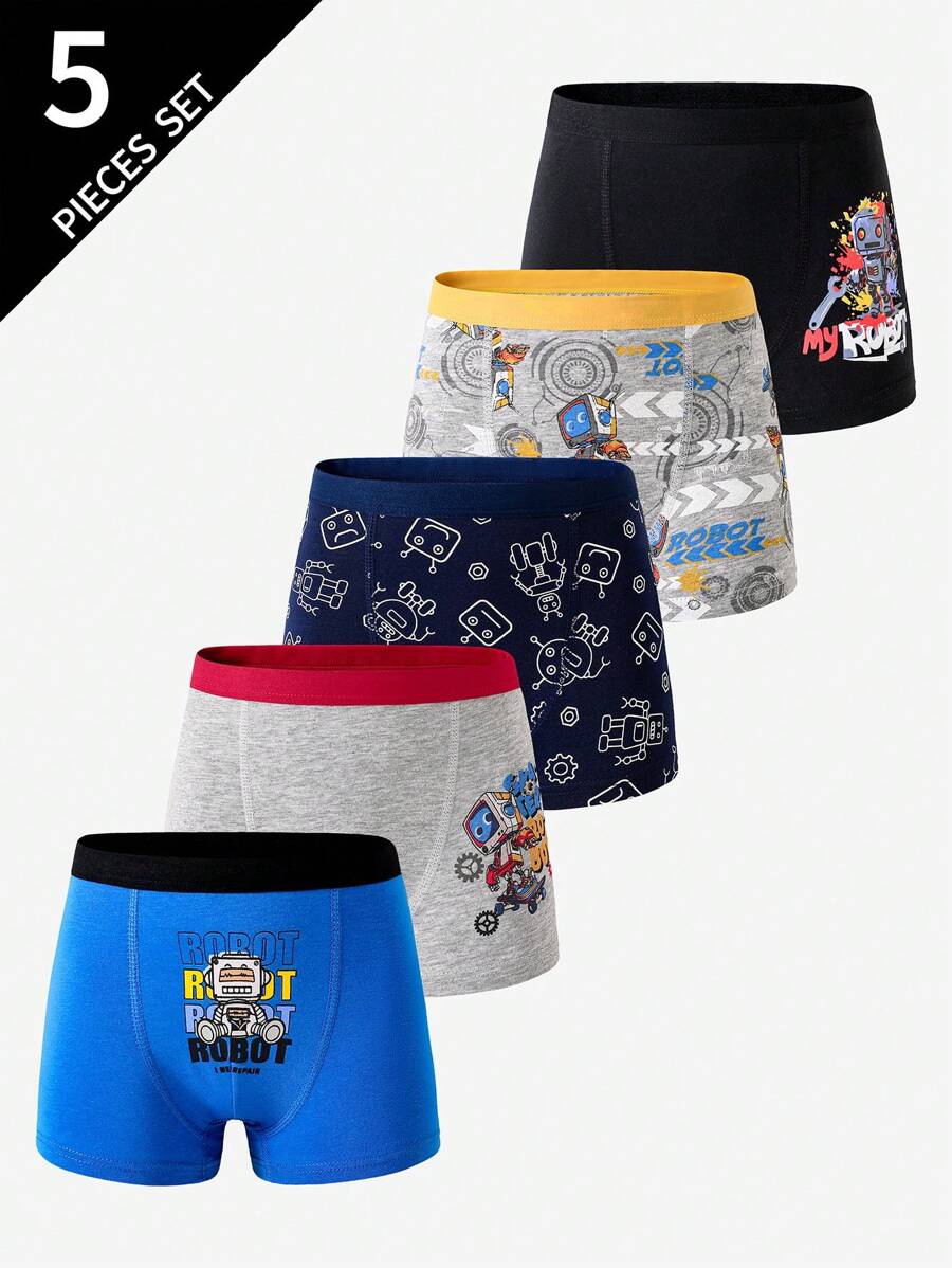 5件装 男童舒适可爱科幻机器人印花棉质平角内裤 男童内裤 返校时尚
