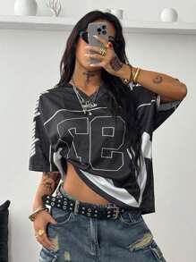 Coolane Women's Spring And Summer Y2K Streetwear Vintage Breathable Mesh Graphics Number Pattern  Black Football  Jersey T-Shirt - Black - View 1