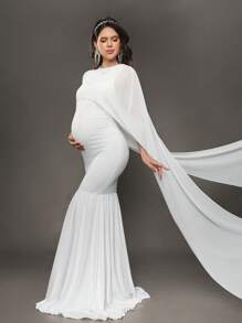 SHEIN Capa de gasa tipo cárdigan y vestido largo de punto ajustado para sesión fotográfica de maternidad, para fiesta de del bebé