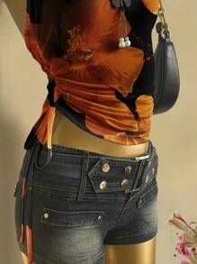 Attitoon 橙色和黑色热带花卉印花褶饰扭纹短款吊带背心，适合夏季旅行和度假