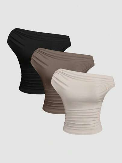 Sweetra 百搭舒适纯色不对称领口短袖短款 T 恤，斜领修身版型