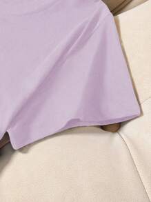 女士时尚圆领雏菊花图案印花T恤上衣 - 淡紫色 - 查看 3