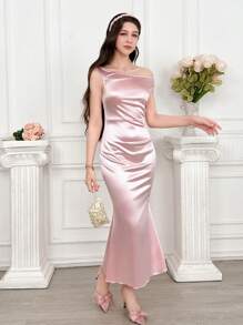 Teen Girl Solid Color Asymmetric Neckline Ruffle Fitted Elegant Dress